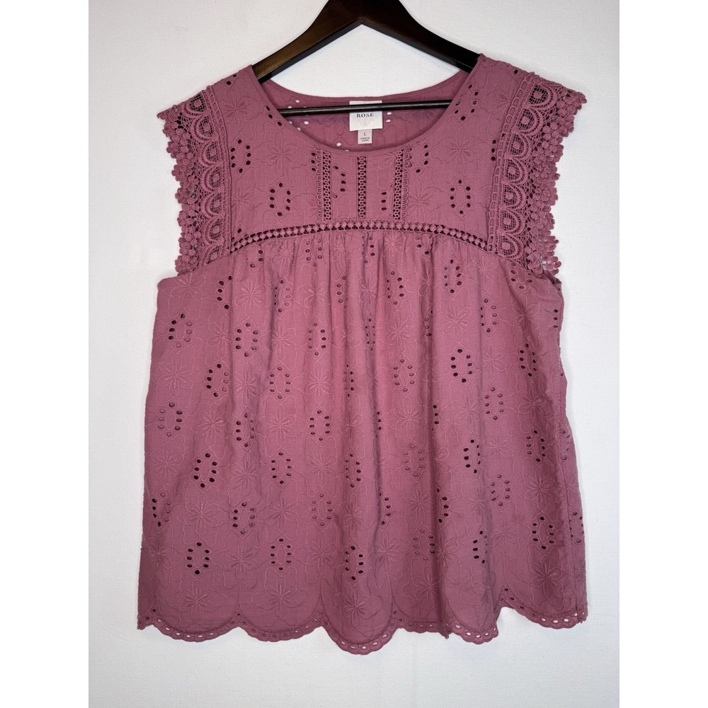Knox Rose Lg Mauve Eyelet Blouse Sleeveless Boho Babydoll Lined Womens Shirt Top